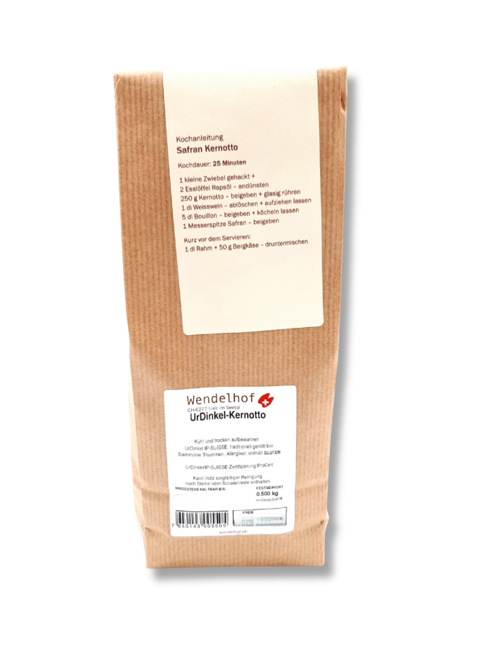 500g-Packung Urdinkel Kernotto aus dem Seetal – naturbelassenes Schweizer Urgetreide in umweltfreundlicher Verpackung, Kochanleitung und Zutatenliste