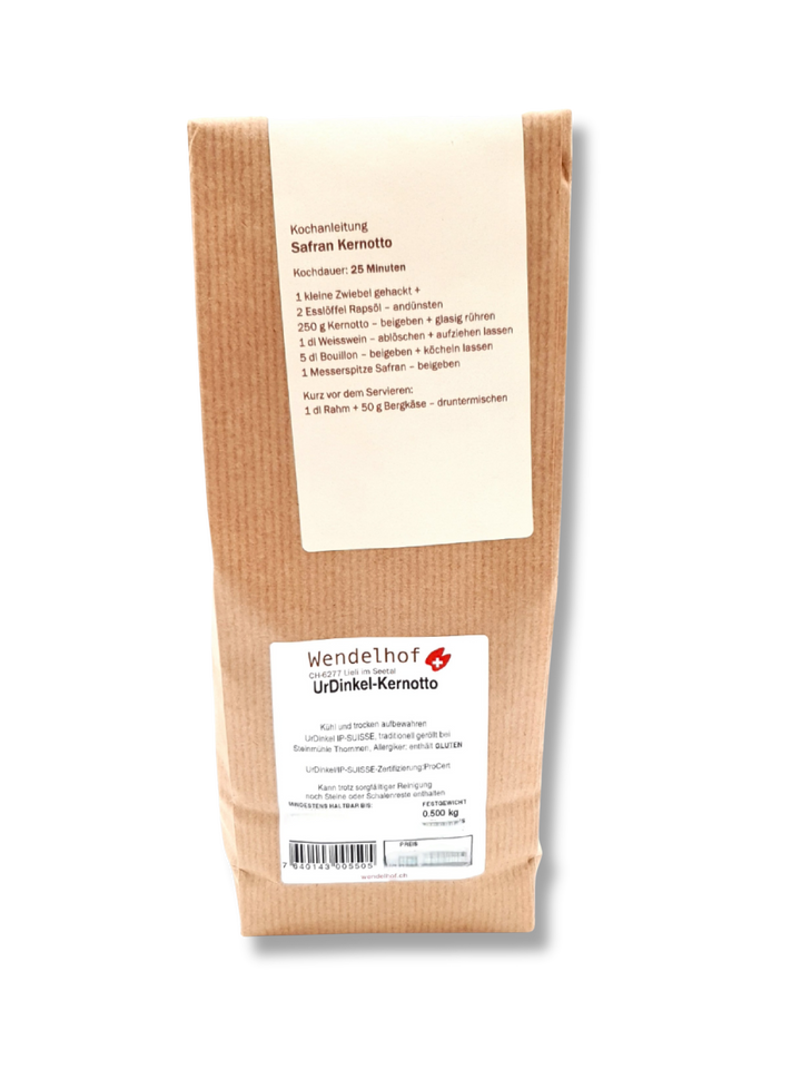 500g-Packung Urdinkel Kernotto aus dem Seetal – naturbelassenes Schweizer Urgetreide in umweltfreundlicher Verpackung, Kochanleitung und Zutatenliste