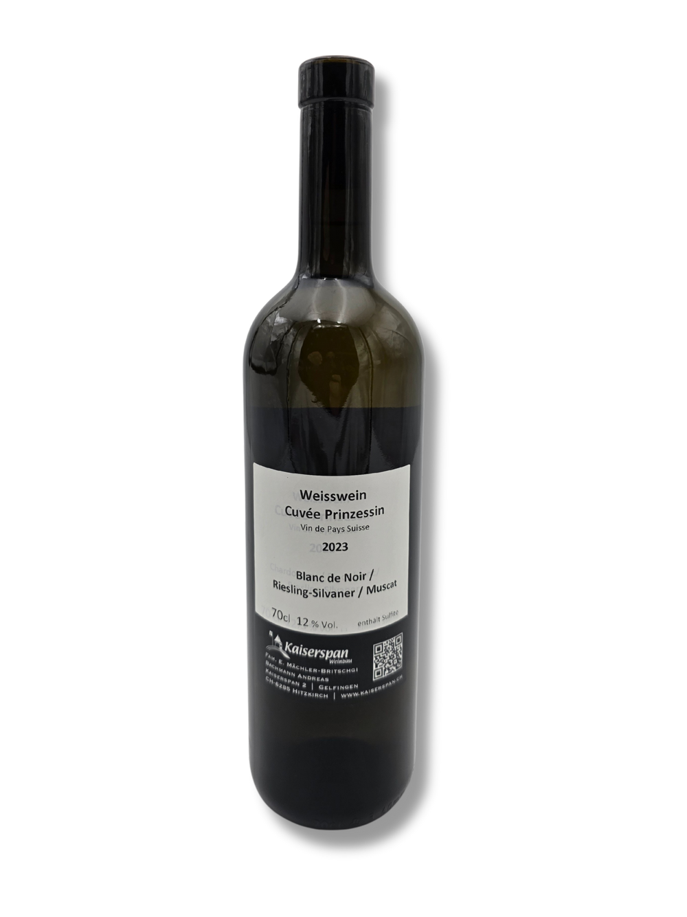 Flasche Cuvée Prinzessin 70 cl – Weisswein vom Weinbau Kaiserspan Rückseite