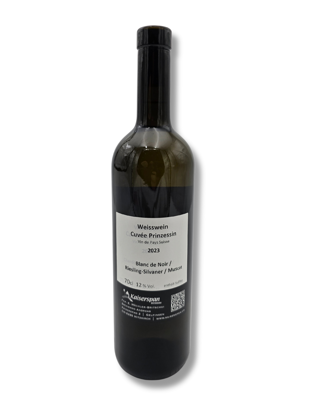 Flasche Cuvée Prinzessin 70 cl – Weisswein vom Weinbau Kaiserspan Rückseite