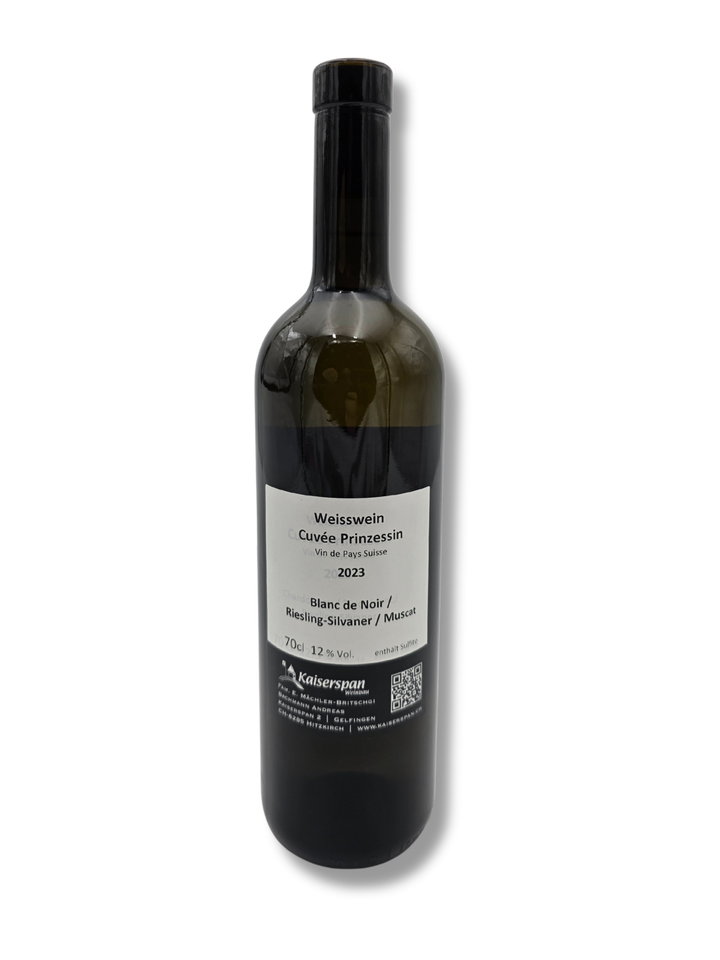 Flasche Cuvée Prinzessin 70 cl – Weisswein vom Weinbau Kaiserspan Rückseite