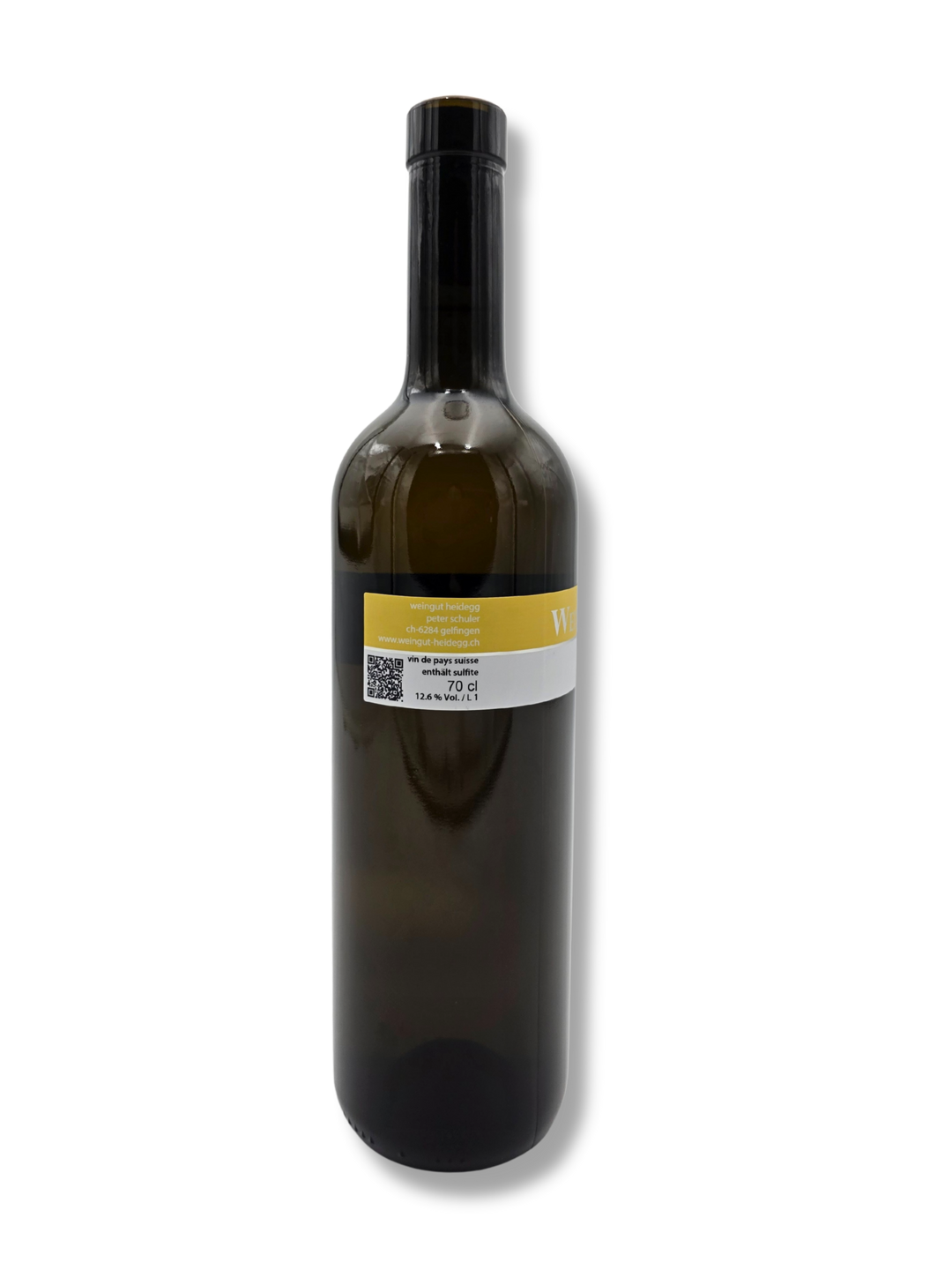 Detailaufnahme des Etiketts Cuvée hellgelb – Schweizer Weisswein mit fruchtig-frischer Aromatik.
